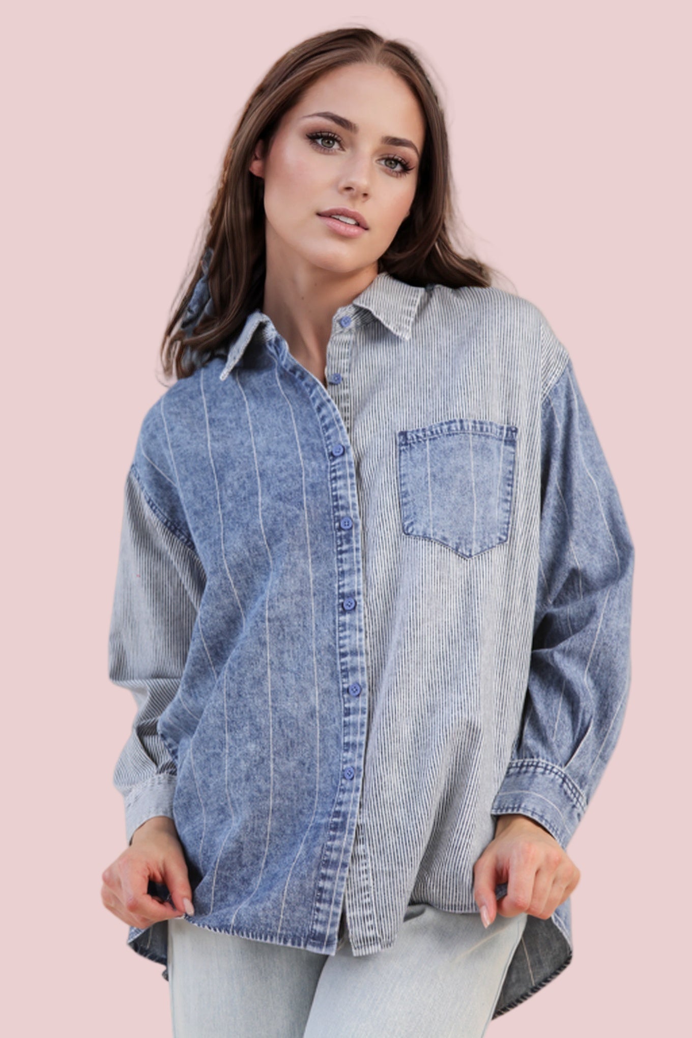 Mineral Wash Denim Stripe Top - Indigo - Plus/Regular-Apparel-Very J-LouisGeorge Boutique, Women’s Fashion Boutique Located in Trussville, Alabama