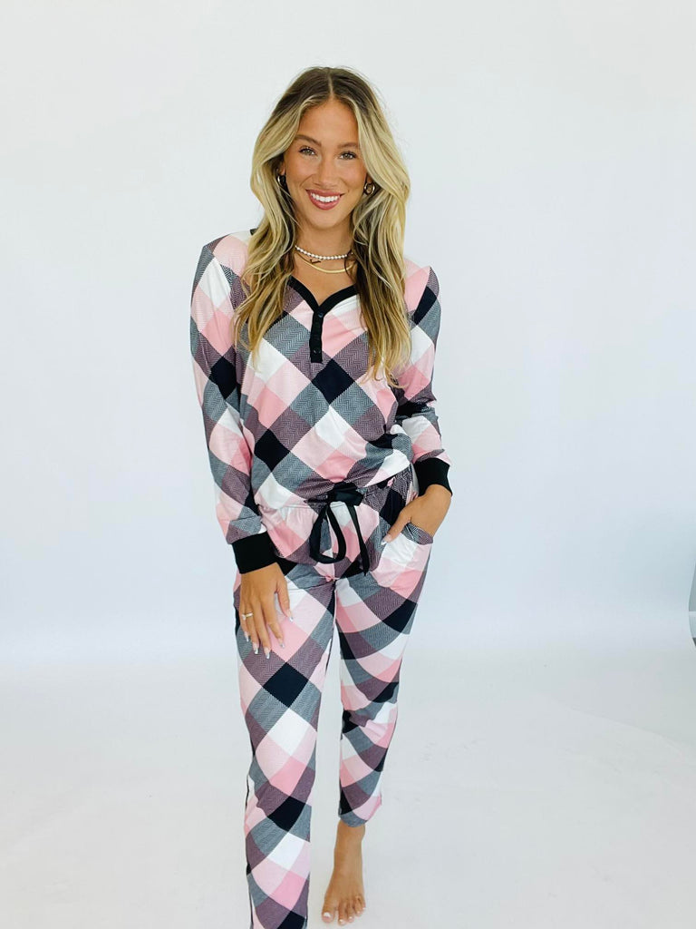 Pink & Black Plaid Long-sleeve Pajama Set-Apparel-LouisGeorge Boutique-LouisGeorge Boutique, Women’s Fashion Boutique Located in Trussville, Alabama