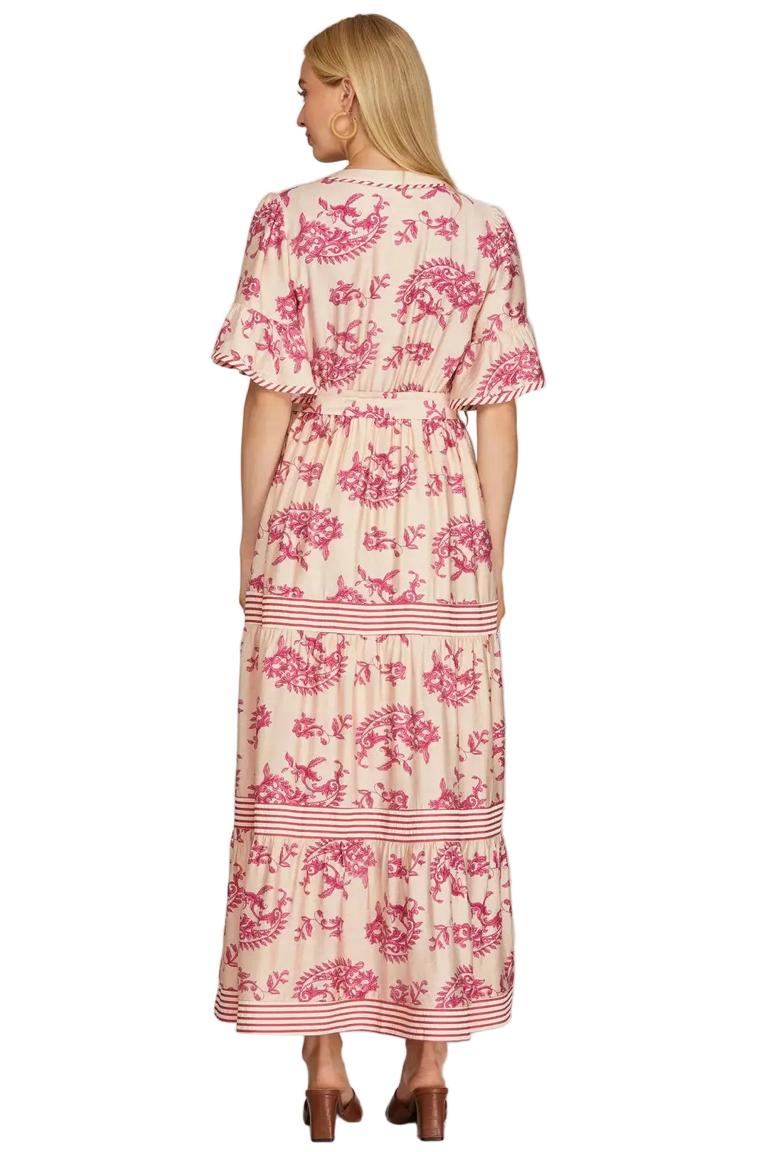 Ruffled Sleeve Paisley Print Tiered Maxi Dress - Magenta Pink - Plus & Regular-Apparel-LouisGeorge Boutique-LouisGeorge Boutique, Women’s Fashion Boutique Located in Trussville, Alabama