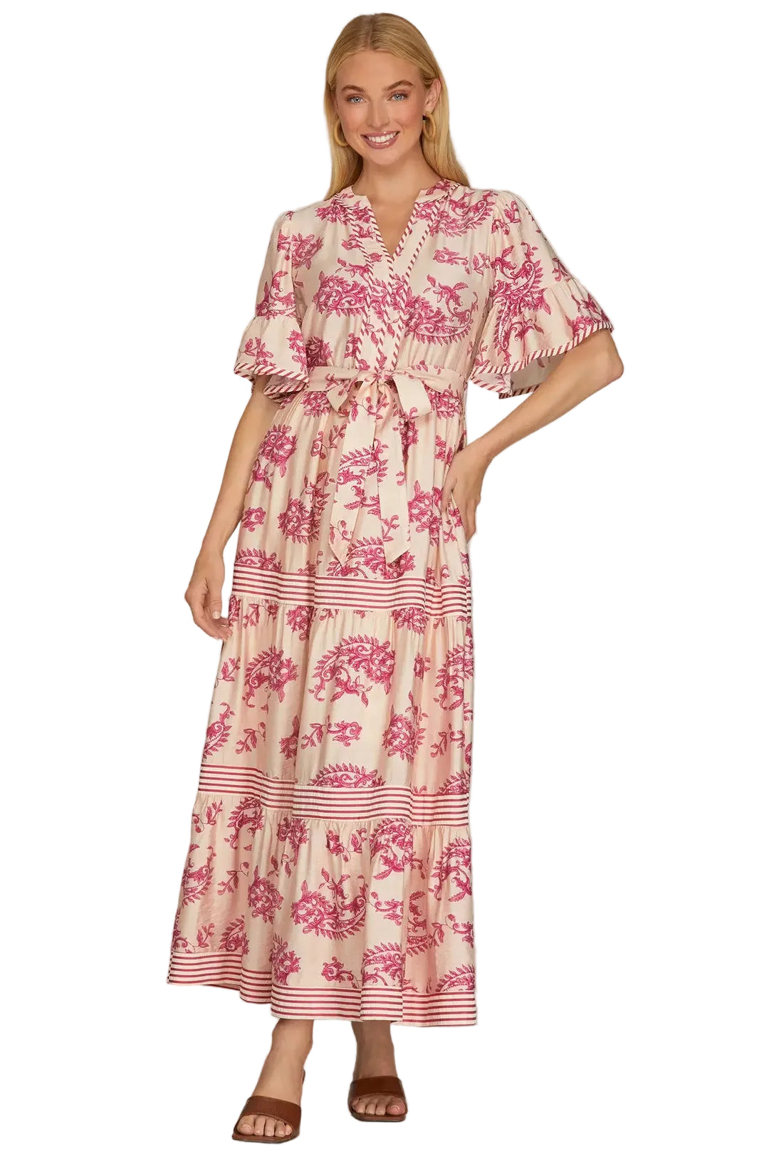 Ruffled Sleeve Paisley Print Tiered Maxi Dress - Magenta Pink - Plus & Regular-Apparel-LouisGeorge Boutique-LouisGeorge Boutique, Women’s Fashion Boutique Located in Trussville, Alabama