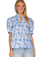Floral Print Ruffled Neck Short Sleeve Top - Blue - Plus & Regular-Apparel-LouisGeorge Boutique-LouisGeorge Boutique, Women’s Fashion Boutique Located in Trussville, Alabama