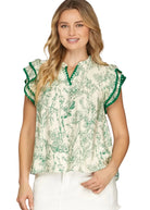 Ruffle Sleeve with Contrast Stitch Printed Woven Top - Green - Plus & Regular-Apparel-LouisGeorge Boutique-LouisGeorge Boutique, Women’s Fashion Boutique Located in Trussville, Alabama