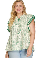 Ruffle Sleeve with Contrast Stitch Printed Woven Top - Green - Plus & Regular-Apparel-LouisGeorge Boutique-LouisGeorge Boutique, Women’s Fashion Boutique Located in Trussville, Alabama