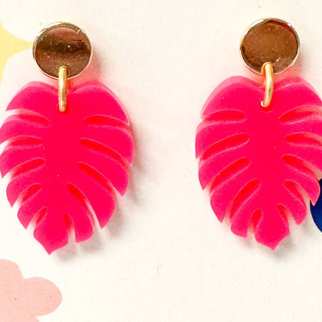 Neon Pink Monstera Leaf Earrings-Earrings-WMG-LouisGeorge Boutique, Women’s Fashion Boutique Located in Trussville, Alabama