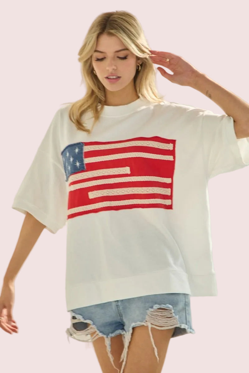 Americana French Terry Short Sleeve Pullover - Washed White - Plus/Reg-Apparel-Oddi-LouisGeorge Boutique, Women’s Fashion Boutique Located in Trussville, Alabama