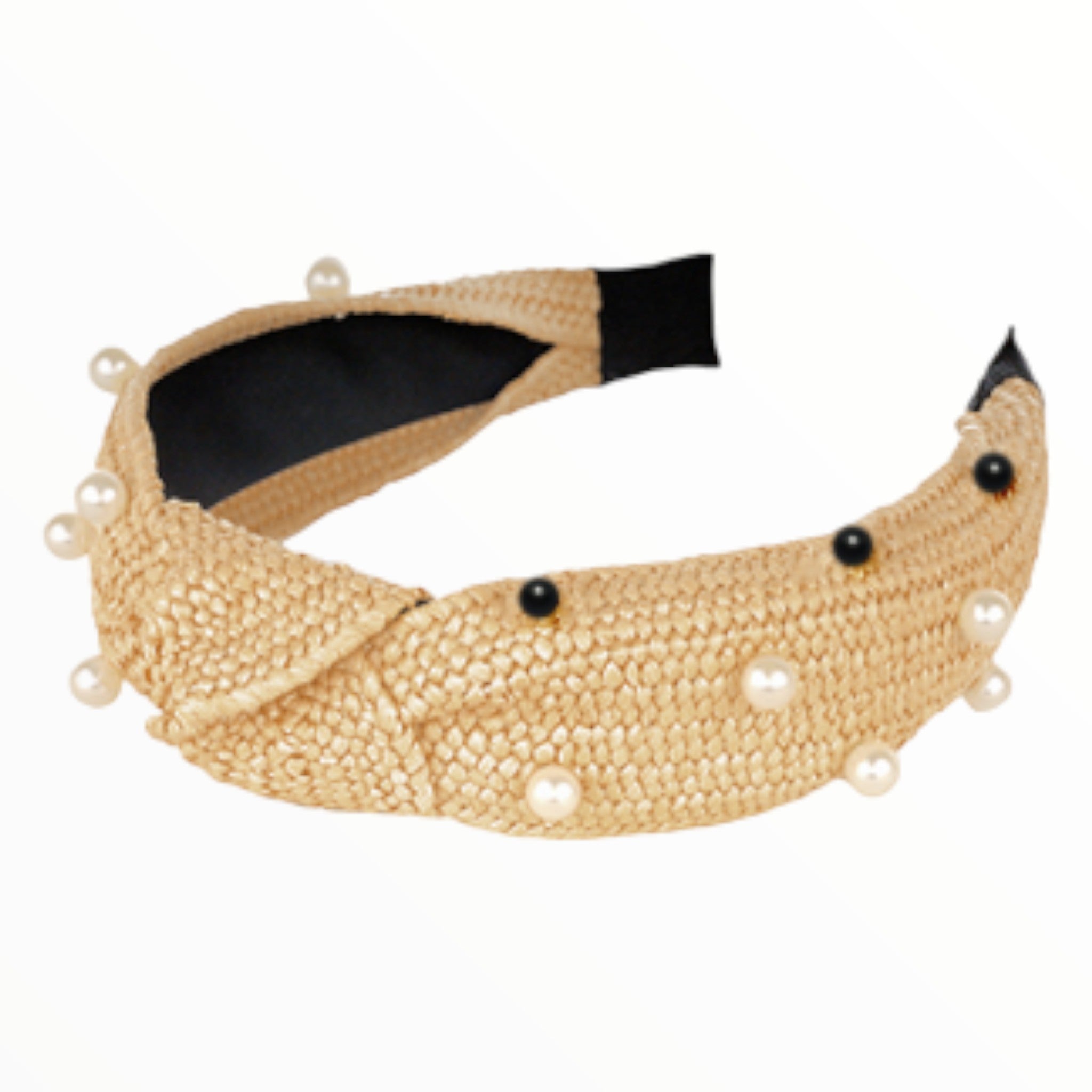 Beige & Black Pearl Embellished Top Knot Headband-Accessories-LouisGeorge Boutique-LouisGeorge Boutique, Women’s Fashion Boutique Located in Trussville, Alabama