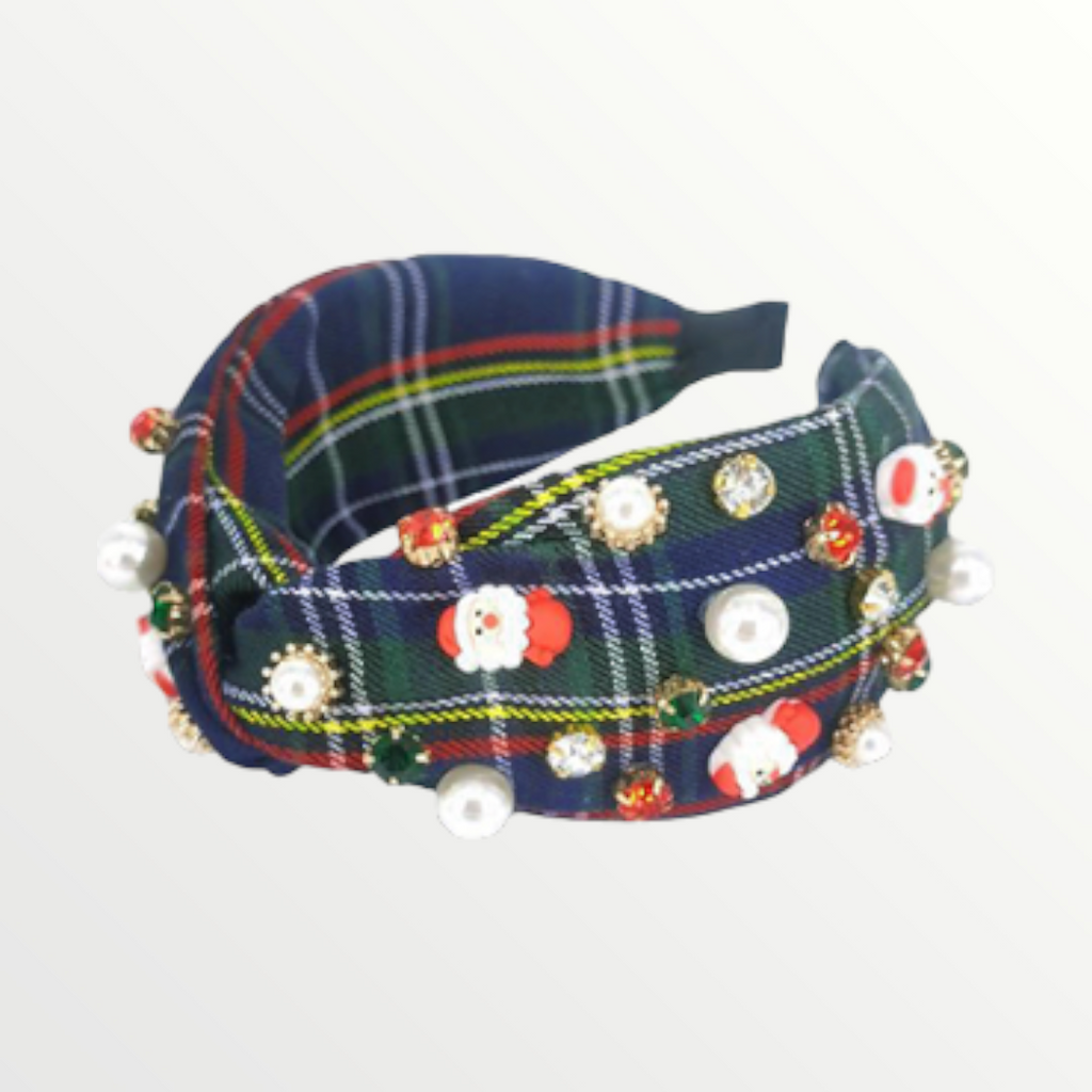 Navy Tartan Plaid Holiday Embellished Headband-Headband-LouisGeorge Boutique-LouisGeorge Boutique, Women’s Fashion Boutique Located in Trussville, Alabama