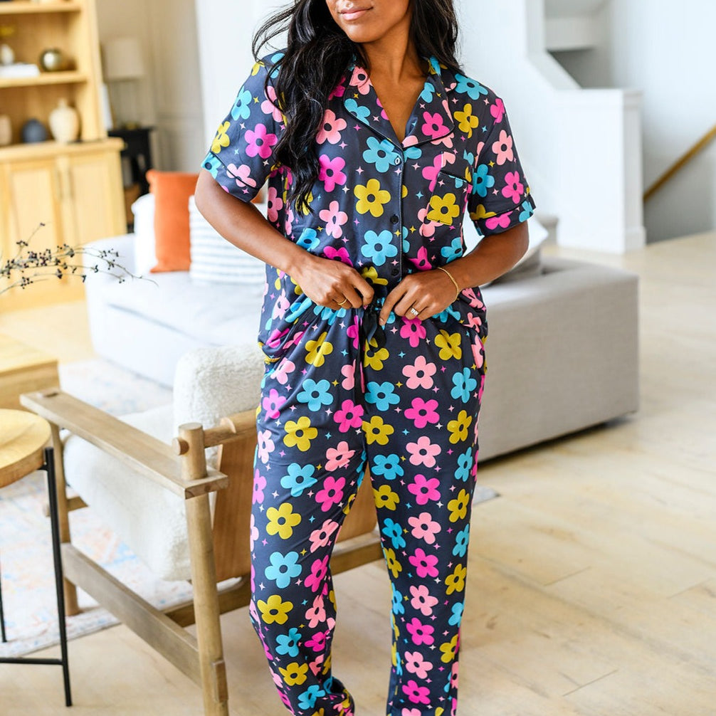 Bright Daisy Button Down Short-sleeve Pajama Set-Pajamas-LouisGeorge Boutique-LouisGeorge Boutique, Women’s Fashion Boutique Located in Trussville, Alabama