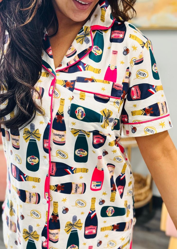Cheers Button Down Short-sleeve Pajama Set-Pajamas-LouisGeorge Boutique-LouisGeorge Boutique, Women’s Fashion Boutique Located in Trussville, Alabama