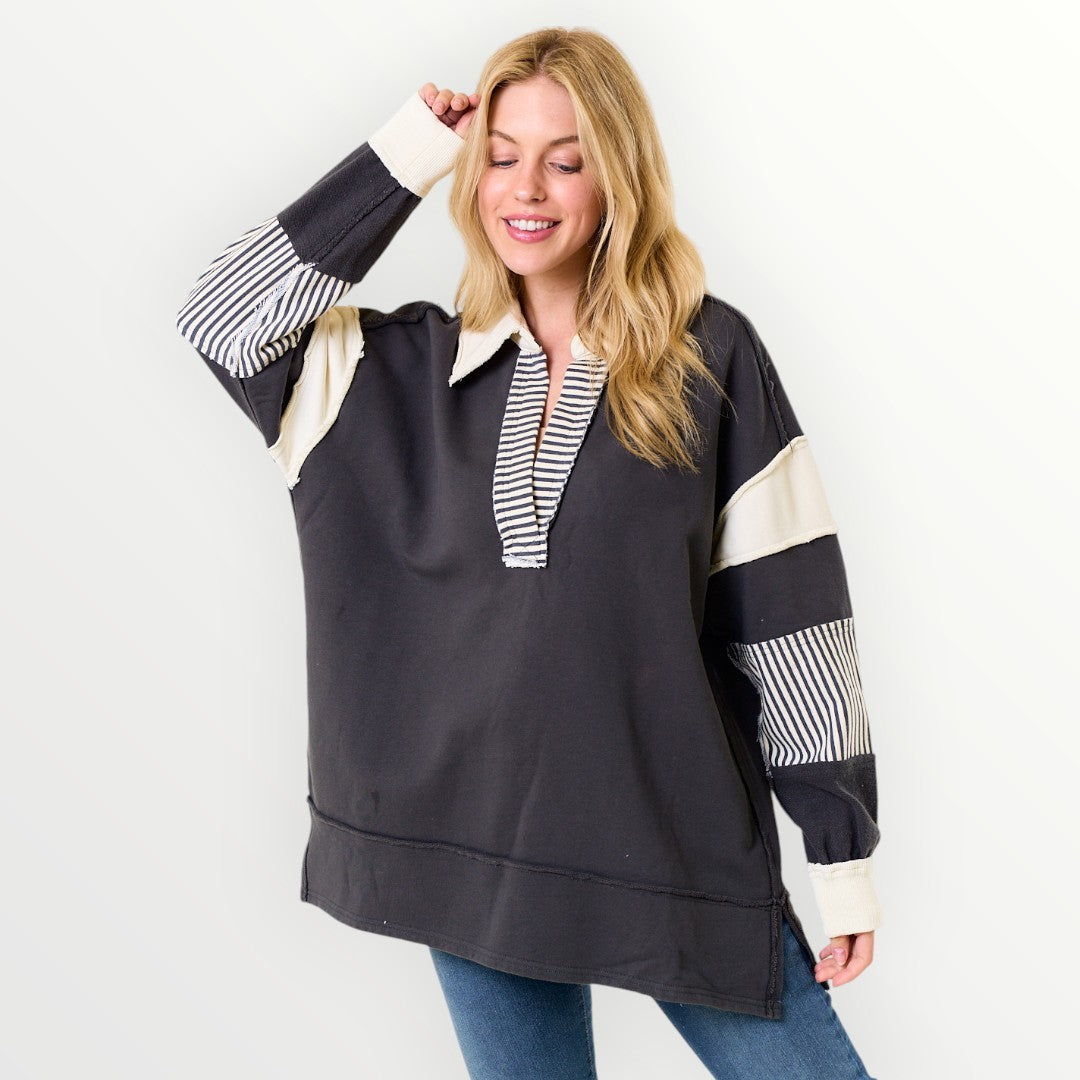 Charcoal Oversized Polo Pullover-Apparel-Lovely Melody-LouisGeorge Boutique, Women’s Fashion Boutique Located in Trussville, Alabama