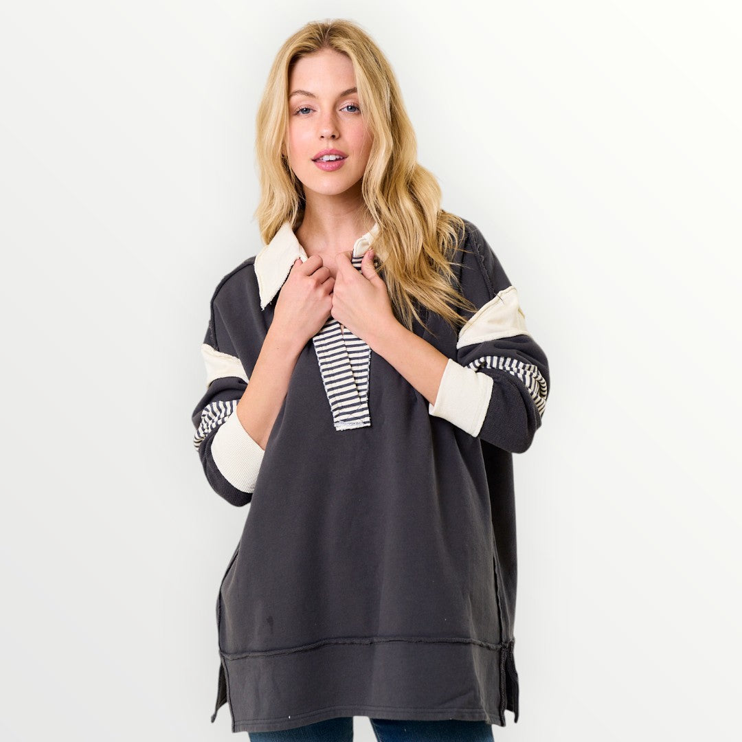 Charcoal Oversized Polo Pullover-Apparel-Lovely Melody-LouisGeorge Boutique, Women’s Fashion Boutique Located in Trussville, Alabama