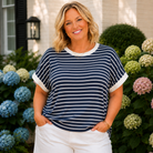 Contrast Trim Cap Sleeve Striped Tee - Navy - Plus & Reg-Apparel-Zenana-LouisGeorge Boutique, Women’s Fashion Boutique Located in Trussville, Alabama