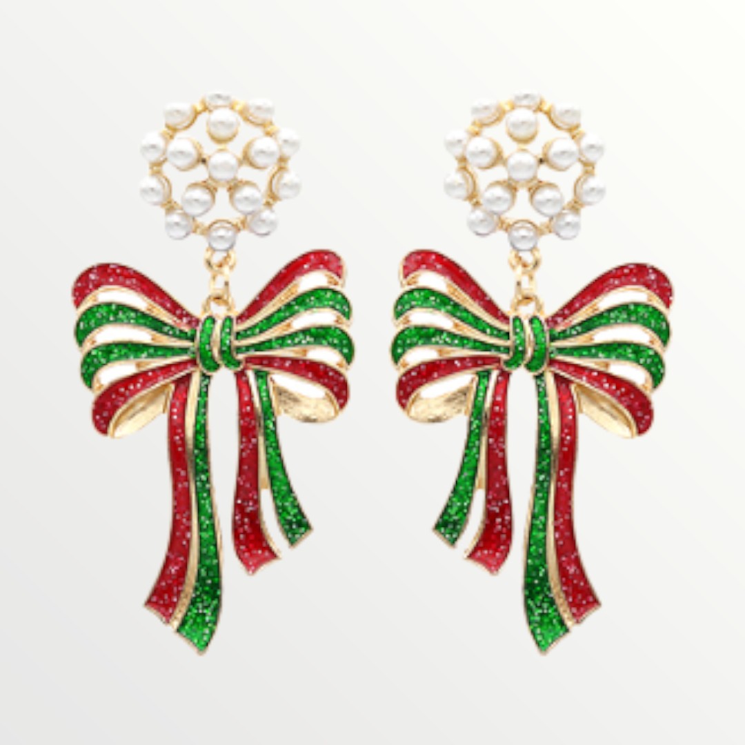 Red & Green Christmas Bow Earrings-Earrings-LouisGeorge Boutique-LouisGeorge Boutique, Women’s Fashion Boutique Located in Trussville, Alabama