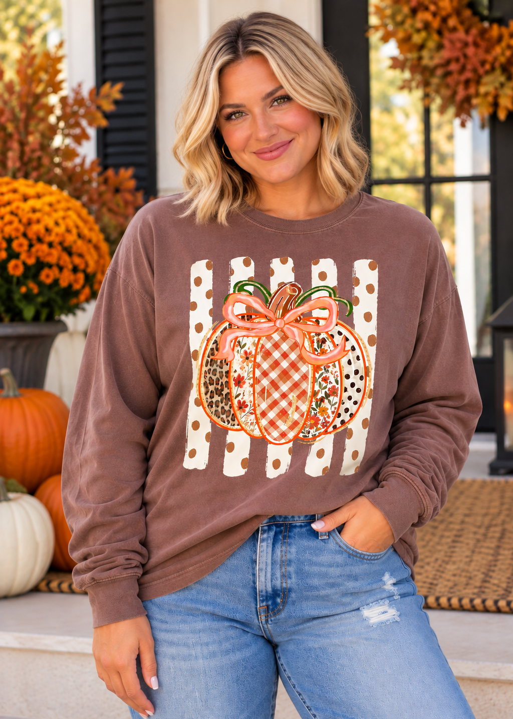 Patchwork Pumpkin Long Sleeve Comfort Color Tee - Espresso - Plus/Regular-Graphic Tee-LouisGeorge Boutique-LouisGeorge Boutique, Women’s Fashion Boutique Located in Trussville, Alabama