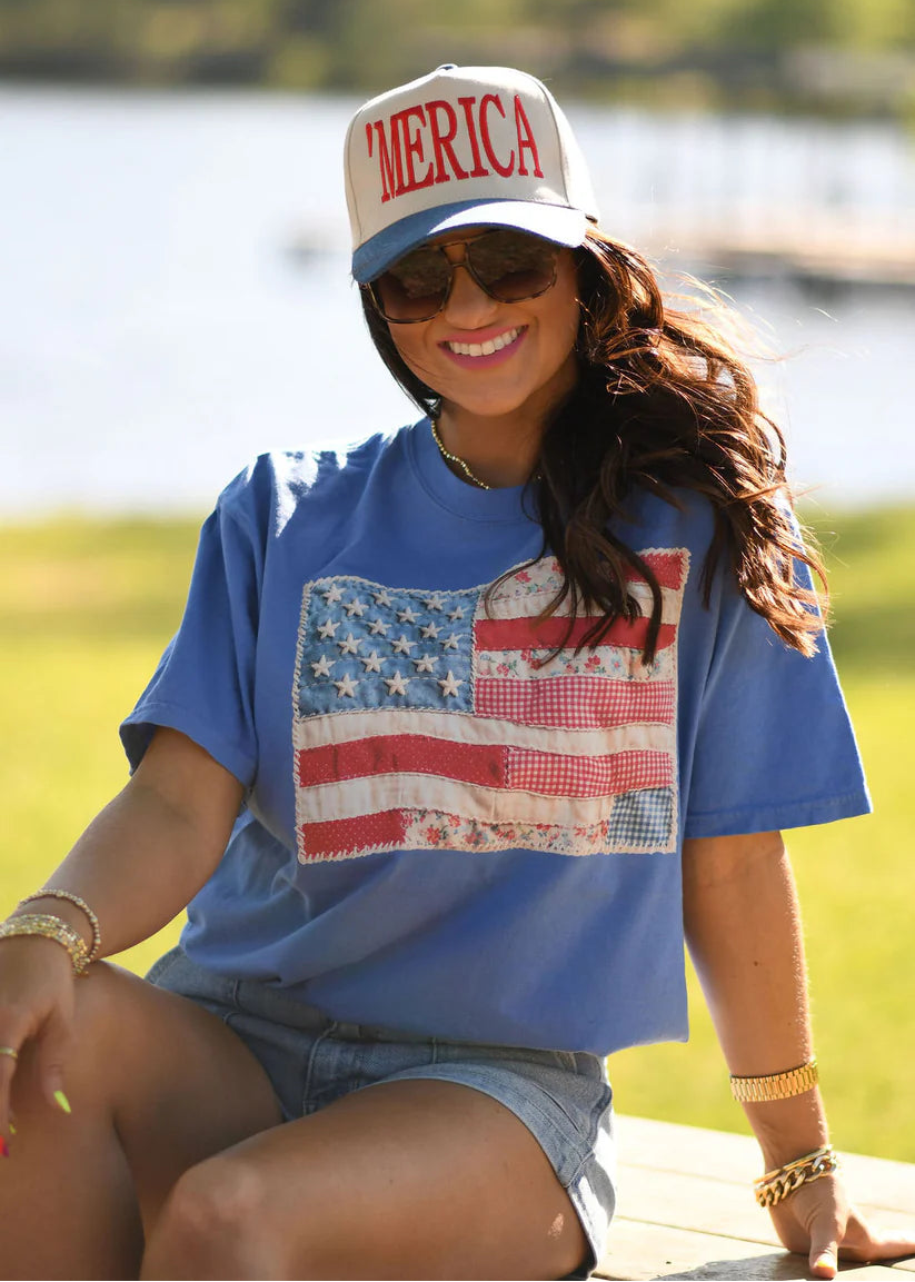 Quilted Flag Tee Comfort Colors Short Sleeve - Flo Blue - Plus/Regular-Graphic Tee-LouisGeorge Boutique-LouisGeorge Boutique, Women’s Fashion Boutique Located in Trussville, Alabama