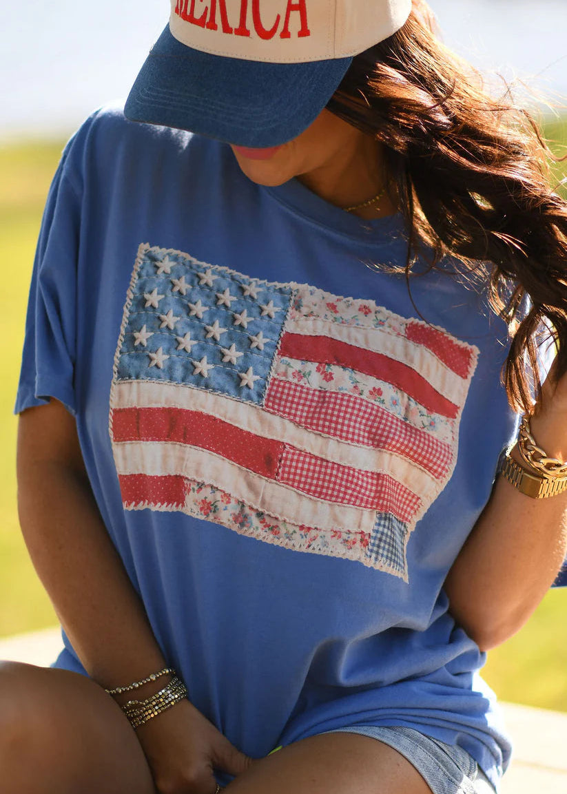Quilted Flag Tee Comfort Colors Short Sleeve - Flo Blue - Plus/Regular-Graphic Tee-LouisGeorge Boutique-LouisGeorge Boutique, Women’s Fashion Boutique Located in Trussville, Alabama