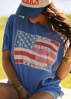 Quilted Flag Tee Comfort Colors Short Sleeve - Flo Blue - Plus/Regular-Graphic Tee-LouisGeorge Boutique-LouisGeorge Boutique, Women’s Fashion Boutique Located in Trussville, Alabama