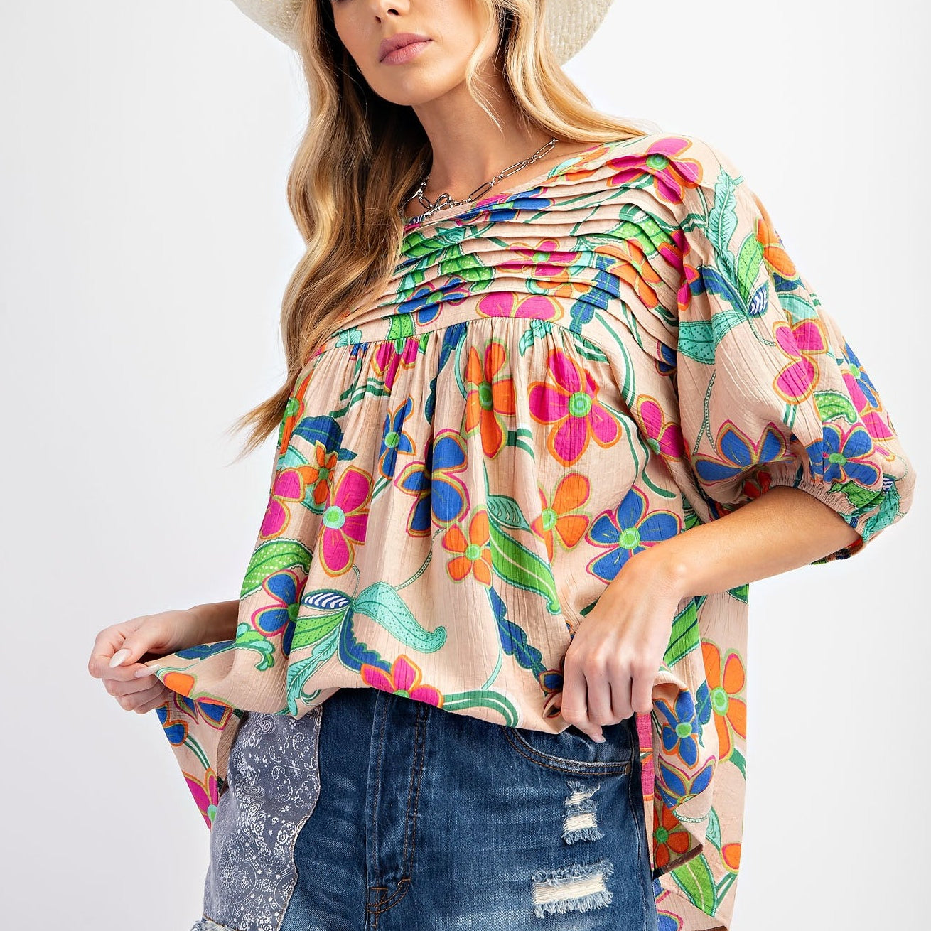 Natural Printed Peach Blossom Pintuck Top by Easel-Apparel-Easel-LouisGeorge Boutique, Women’s Fashion Boutique Located in Trussville, Alabama