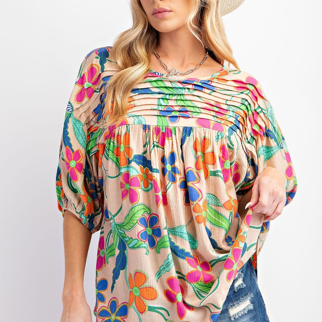 Natural Printed Peach Blossom Pintuck Top by Easel-Apparel-Easel-LouisGeorge Boutique, Women’s Fashion Boutique Located in Trussville, Alabama