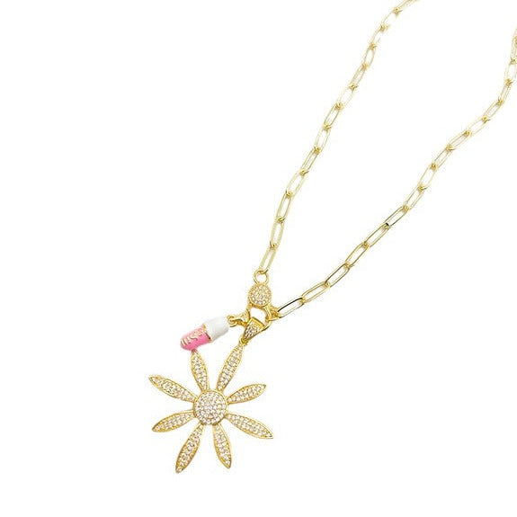 Gold Flower Charm Necklace with Pink Chill Pill-Necklaces-Lauren Kenzie-LouisGeorge Boutique, Women’s Fashion Boutique Located in Trussville, Alabama