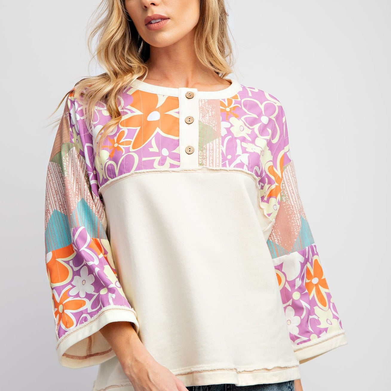 Flower Power Terry Knit Henley Top by Easel - Ivory - Regular-Apparel-Easel-LouisGeorge Boutique, Women’s Fashion Boutique Located in Trussville, Alabama