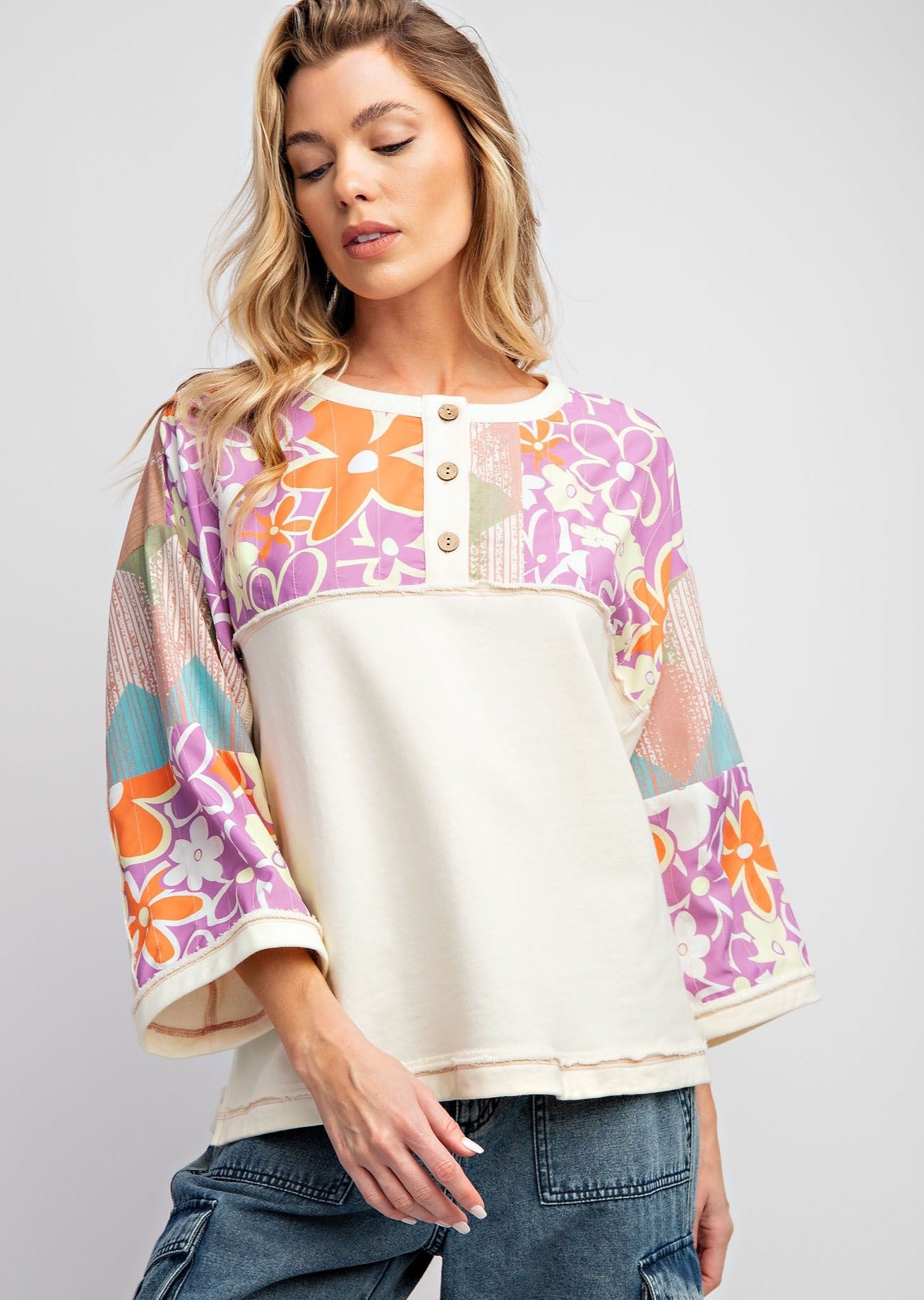 Flower Power Terry Knit Henley Top by Easel - Ivory - Regular-Apparel-Easel-LouisGeorge Boutique, Women’s Fashion Boutique Located in Trussville, Alabama