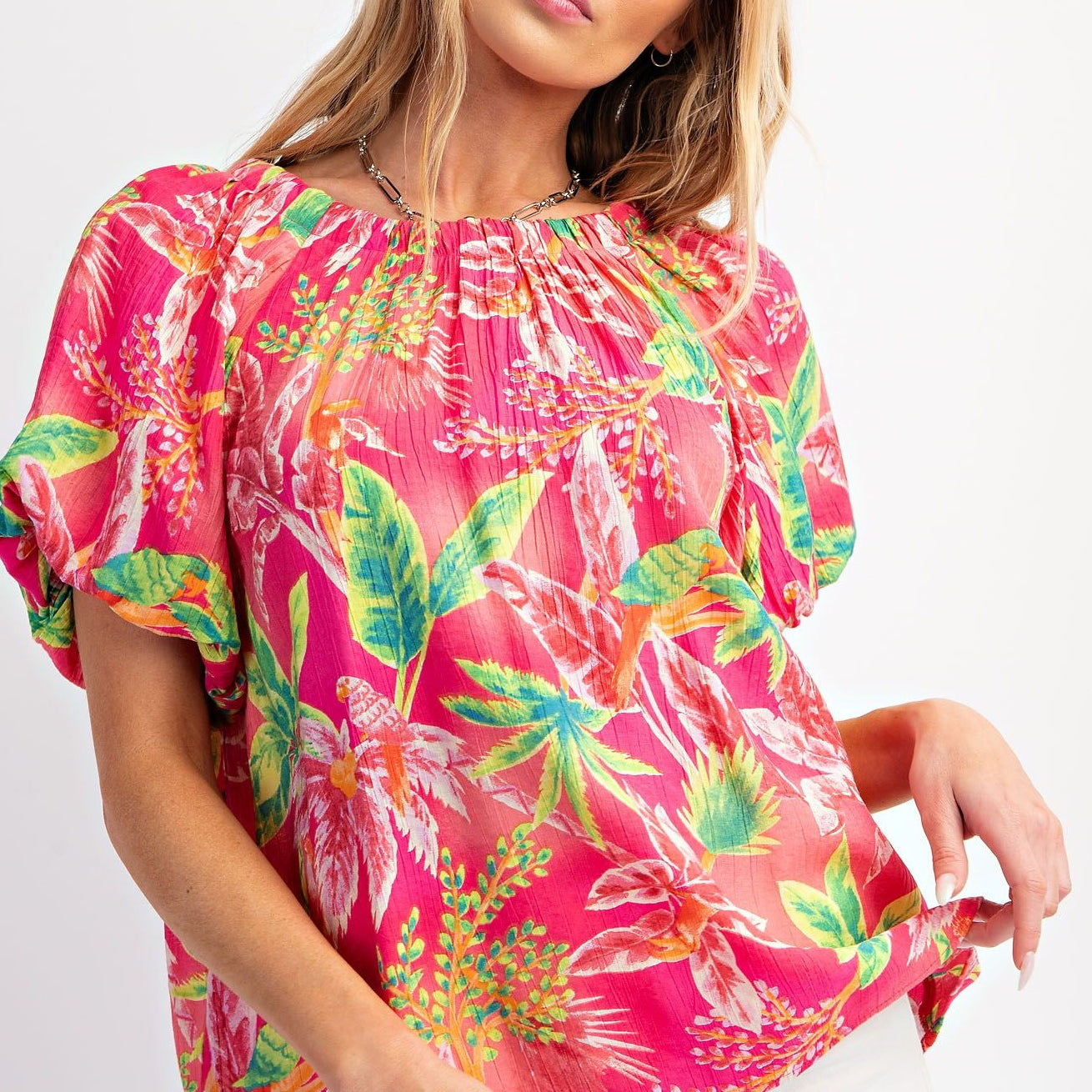 Fuchsia Tropical Palm Woven Top by Easel - Plus/Regular-Apparel-Easel-LouisGeorge Boutique, Women’s Fashion Boutique Located in Trussville, Alabama