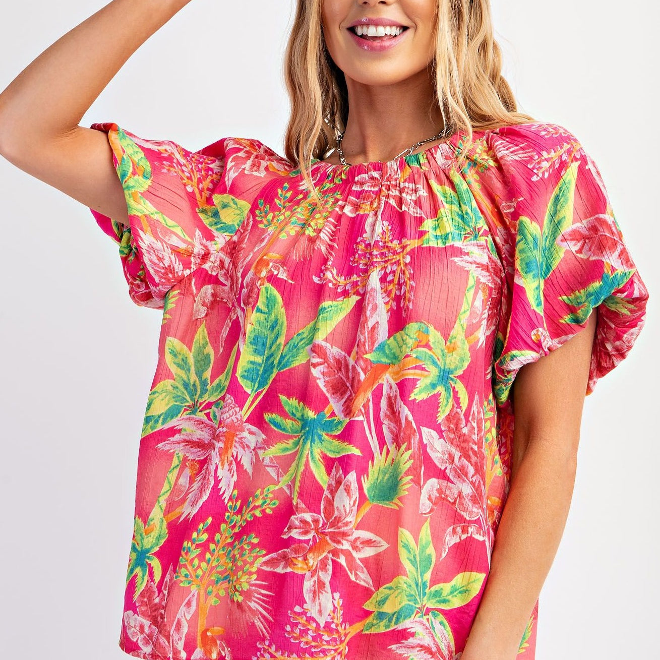 Fuchsia Tropical Palm Woven Top by Easel - Plus/Regular-Apparel-Easel-LouisGeorge Boutique, Women’s Fashion Boutique Located in Trussville, Alabama