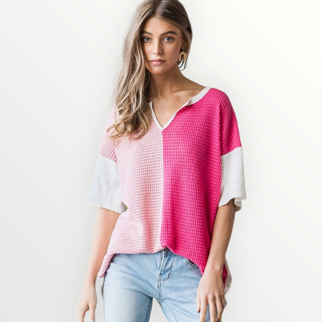 Color Block Waffle Knit Short Sleeve Top - Fuchsia - Plus/Reg-Apparel-Heimish-LouisGeorge Boutique, Women’s Fashion Boutique Located in Trussville, Alabama