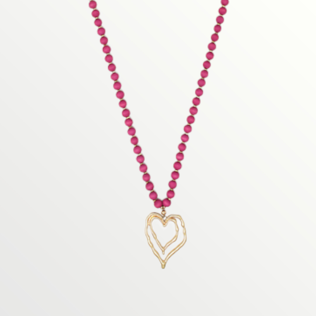Fushia & Worn Gold Double Heart Beaded Necklace-Necklace-LouisGeorge Boutique-LouisGeorge Boutique, Women’s Fashion Boutique Located in Trussville, Alabama
