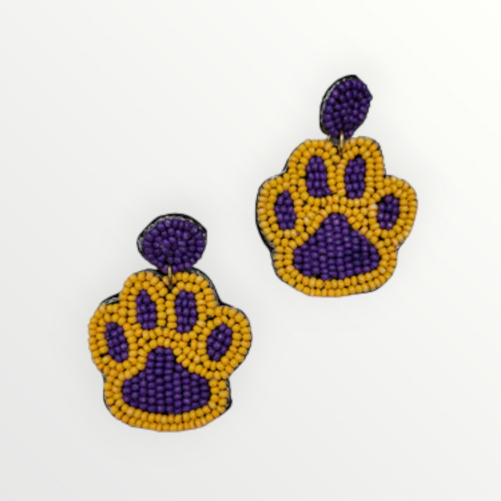 Purple & Gold Beaded Paw Print Beaded Earrings-Earrings-LouisGeorge Boutique-LouisGeorge Boutique, Women’s Fashion Boutique Located in Trussville, Alabama