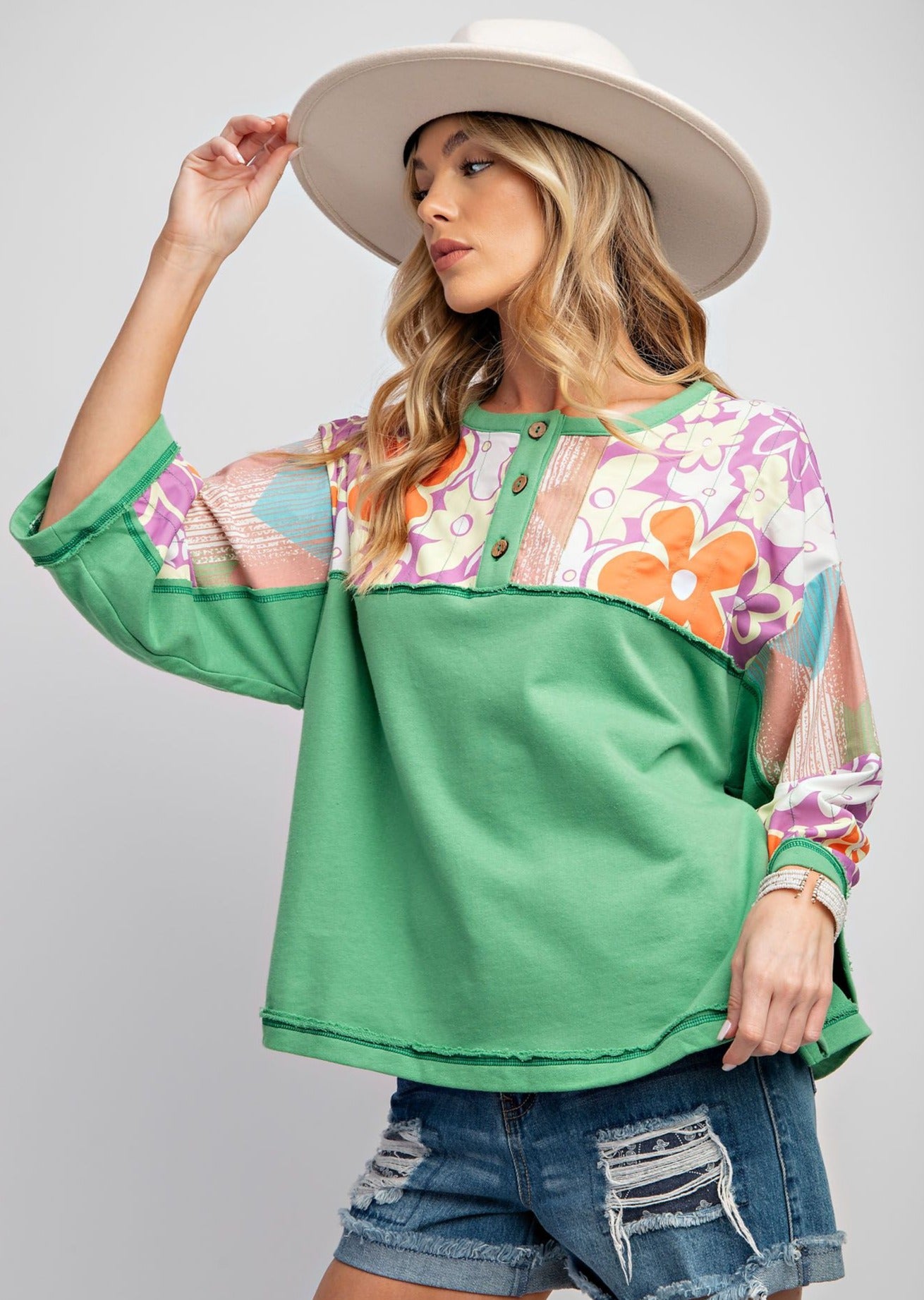 Flower Power Terry Knit Henley Top by Easel - Apple Green - Plus-Apparel-Easel-LouisGeorge Boutique, Women’s Fashion Boutique Located in Trussville, Alabama