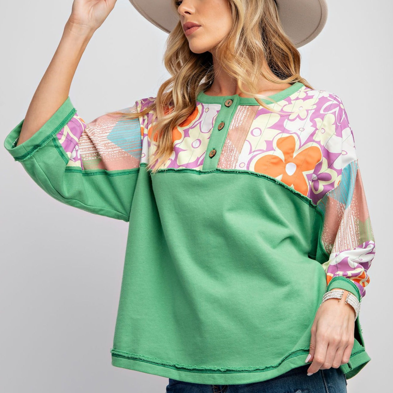 Flower Power Terry Knit Henley Top by Easel - Apple Green - Plus-Apparel-Easel-LouisGeorge Boutique, Women’s Fashion Boutique Located in Trussville, Alabama