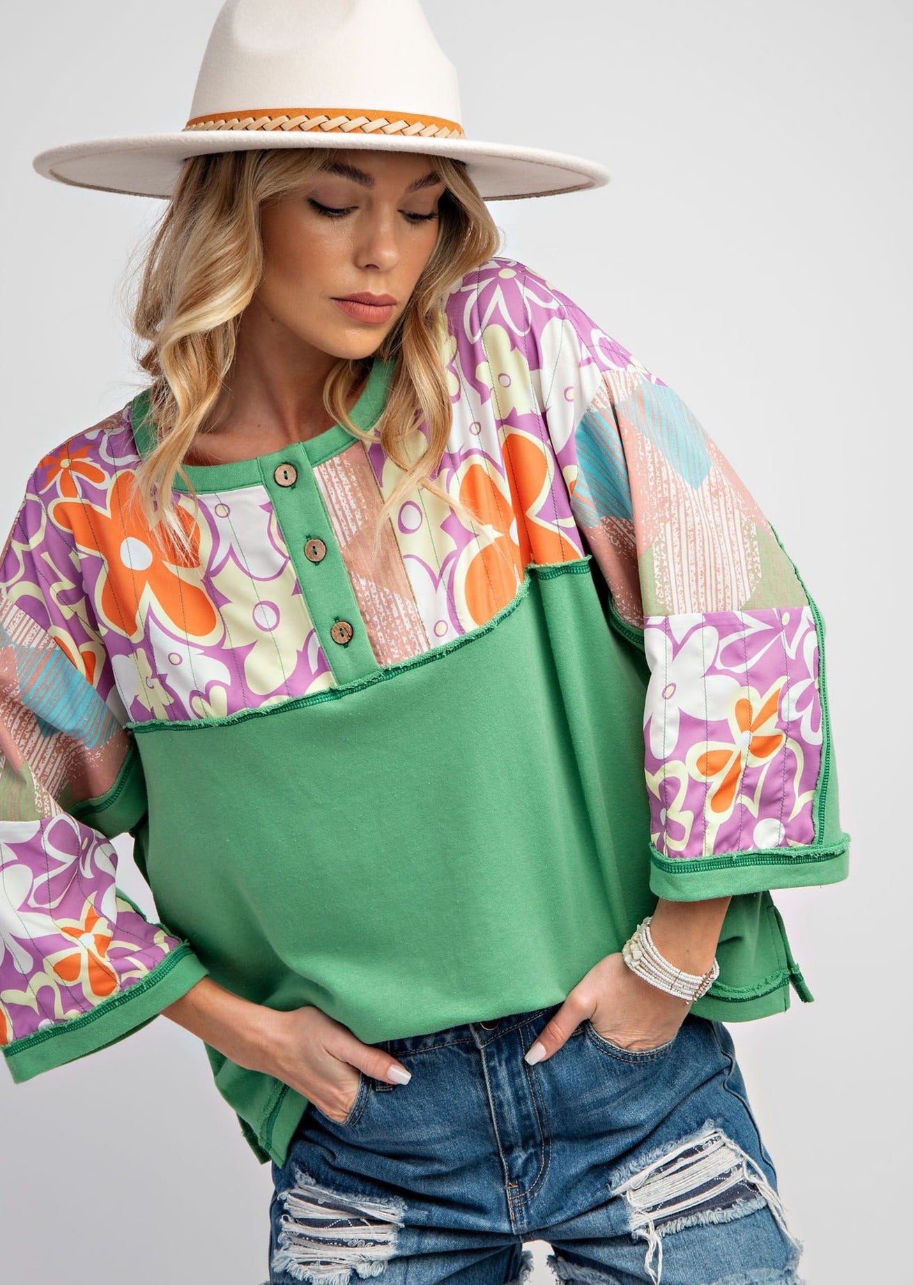 Flower Power Terry Knit Henley Top by Easel - Apple Green - Plus-Apparel-Easel-LouisGeorge Boutique, Women’s Fashion Boutique Located in Trussville, Alabama