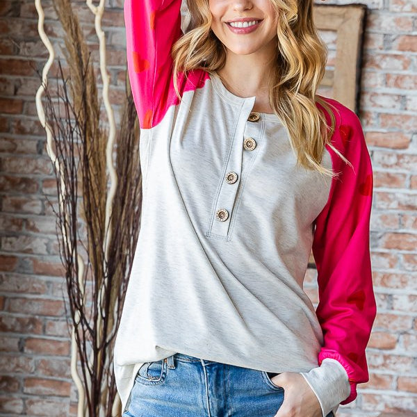 Solid Long Sleeve Henley Top with Heart Color Block Detail - Oatmeal - Plus/Regular-Apparel-Heimish-LouisGeorge Boutique, Women’s Fashion Boutique Located in Trussville, Alabama