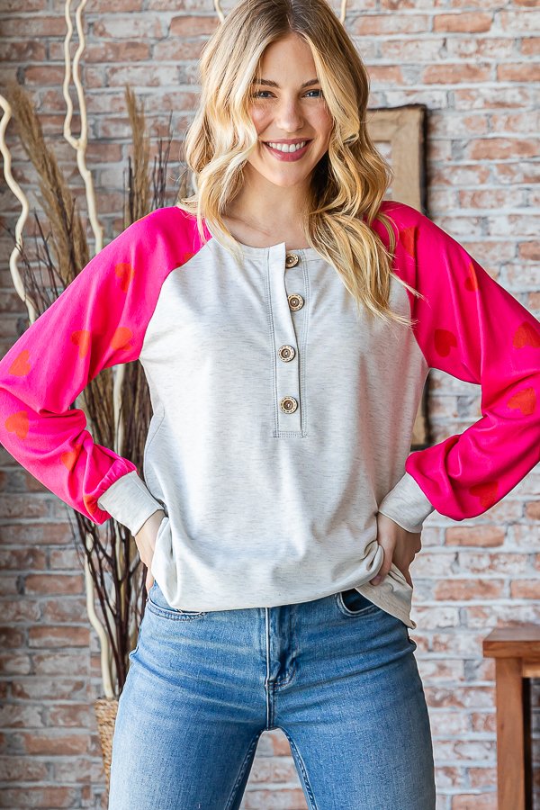 Solid Long Sleeve Henley Top with Heart Color Block Detail - Oatmeal - Plus/Regular-Apparel-Heimish-LouisGeorge Boutique, Women’s Fashion Boutique Located in Trussville, Alabama