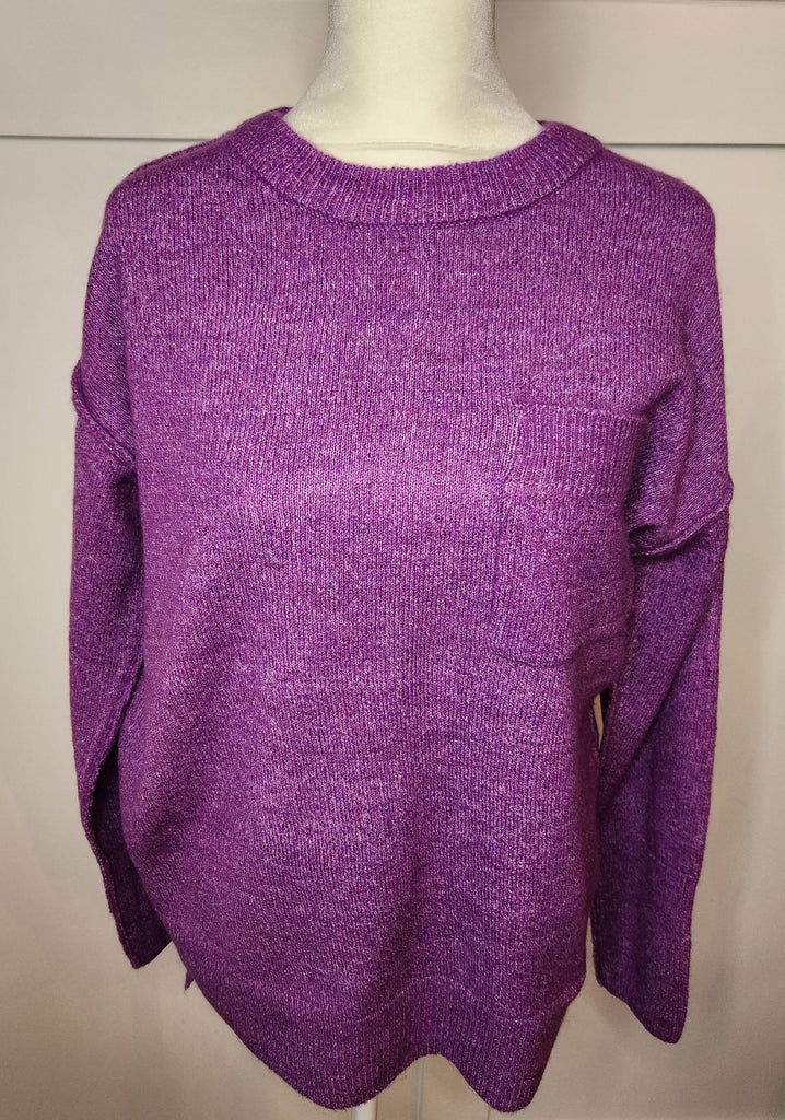 Hi-Low Hem Pocket Round Neck Sweater - Heather Violet - Plus/Regular-Tee-LouisGeorge Boutique-LouisGeorge Boutique, Women’s Fashion Boutique Located in Trussville, Alabama