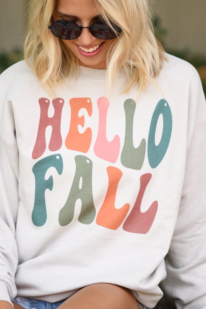 Hello Fall Retro Sweatshirt - Tan-Apparel-LouisGeorge Boutique-LouisGeorge Boutique, Women’s Fashion Boutique Located in Trussville, Alabama