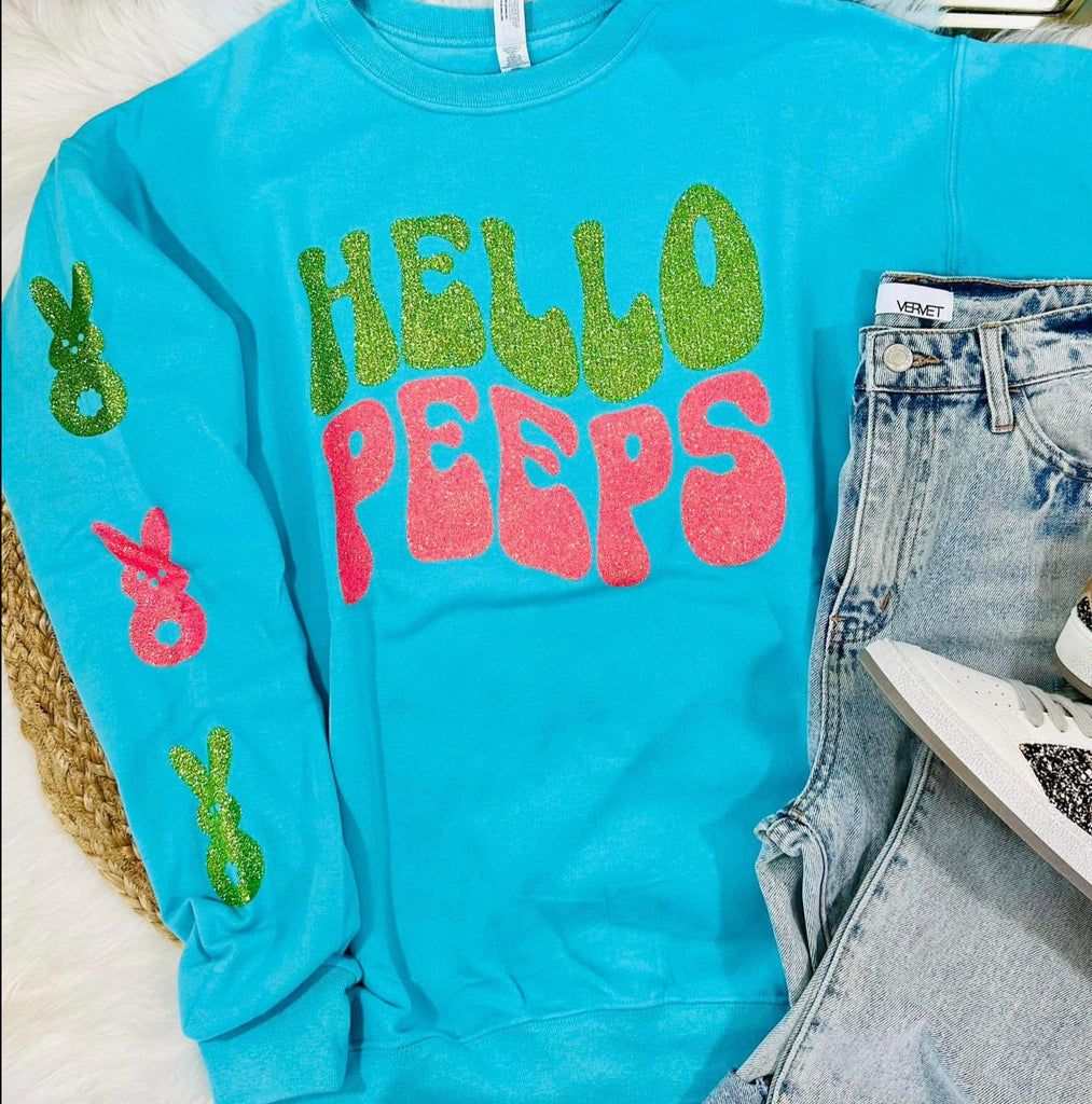 Hello Peeps Glitter Sapphire Sweatshirt - PREORDER ONLY-Apparel-LouisGeorge Boutique-LouisGeorge Boutique, Women’s Fashion Boutique Located in Trussville, Alabama