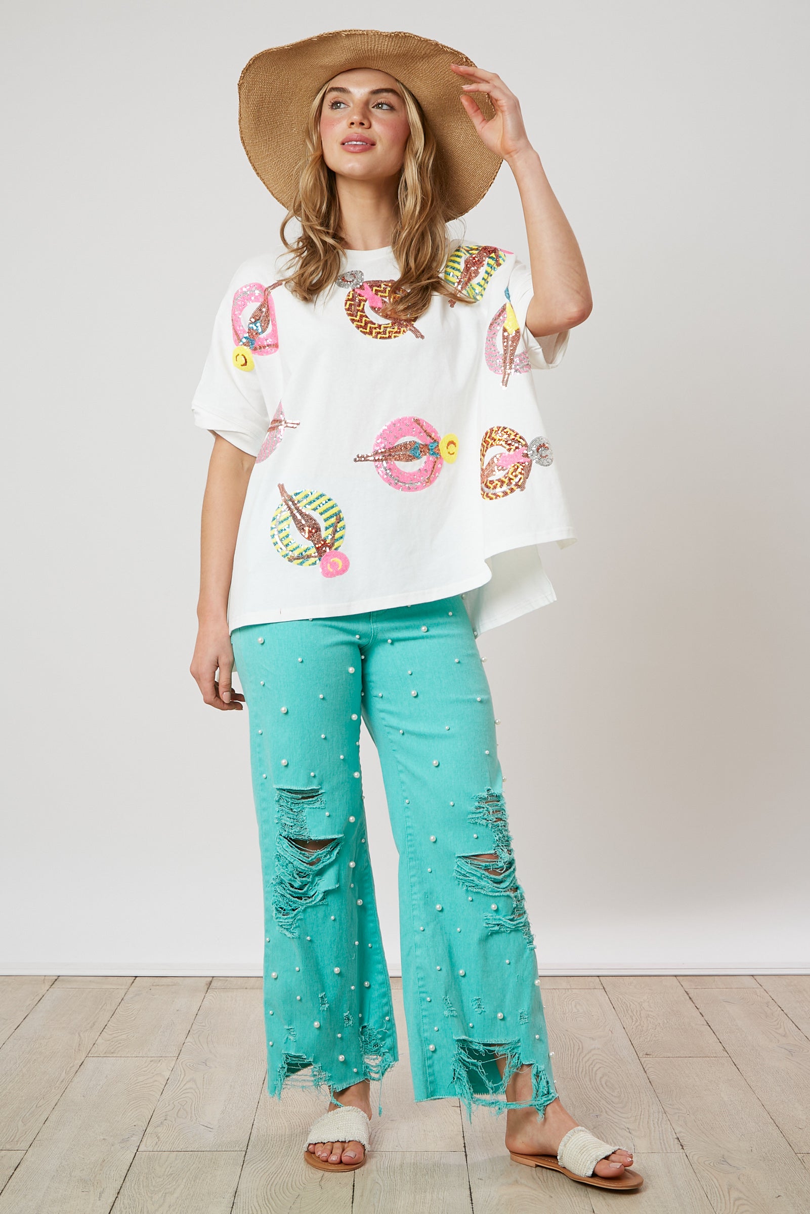 Sunbathing Ladies Pool Float Sequin Embroidered Oversized Short Sleeve Top-Apparel-Fantastic Fawn-LouisGeorge Boutique, Women’s Fashion Boutique Located in Trussville, Alabama