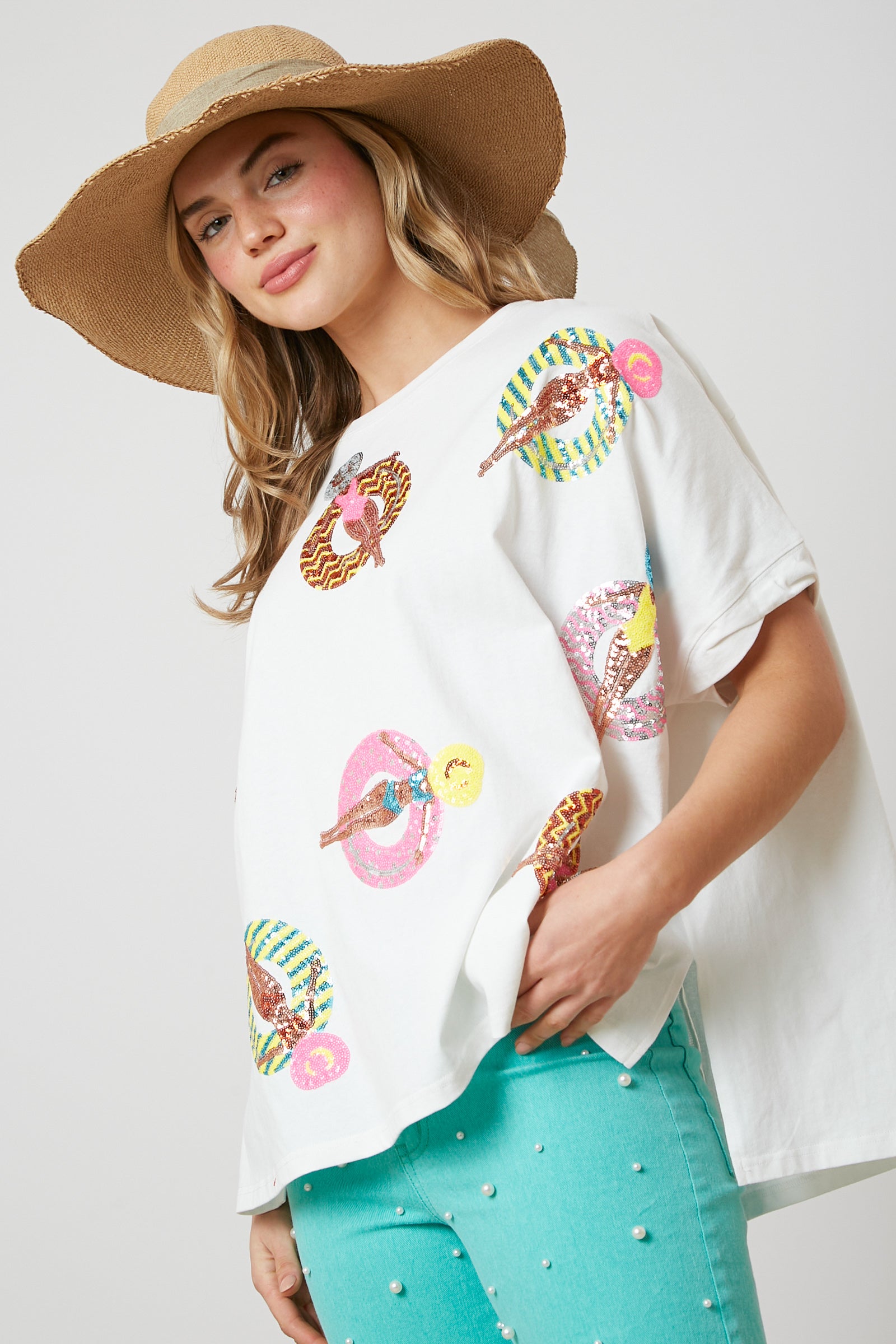 Sunbathing Ladies Pool Float Sequin Embroidered Oversized Short Sleeve Top-Apparel-Fantastic Fawn-LouisGeorge Boutique, Women’s Fashion Boutique Located in Trussville, Alabama