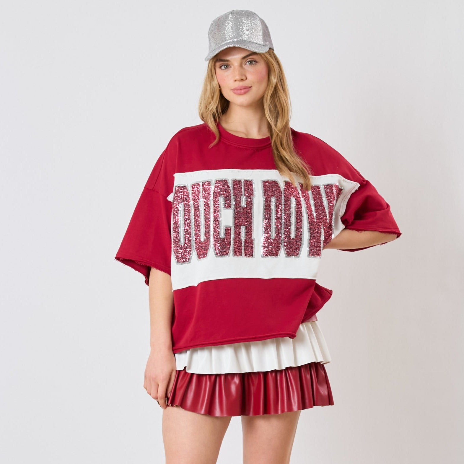 Crimson & White Sequin Touch Down Oversized Tee-Apparel-Fantastic Fawn-LouisGeorge Boutique, Women’s Fashion Boutique Located in Trussville, Alabama