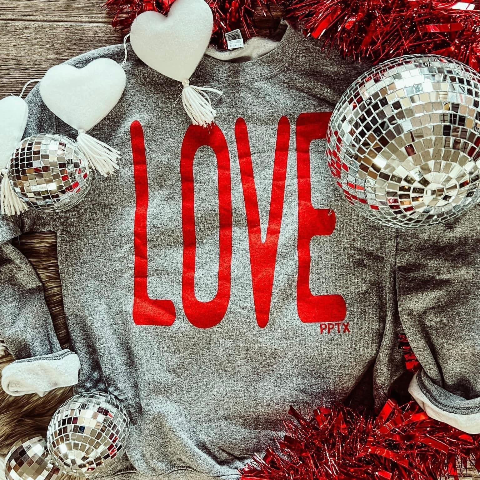 LOVE Sweatshirt - Heather Graphite - Plus/Regular-Graphic Tee-LouisGeorge Boutique-LouisGeorge Boutique, Women’s Fashion Boutique Located in Trussville, Alabama