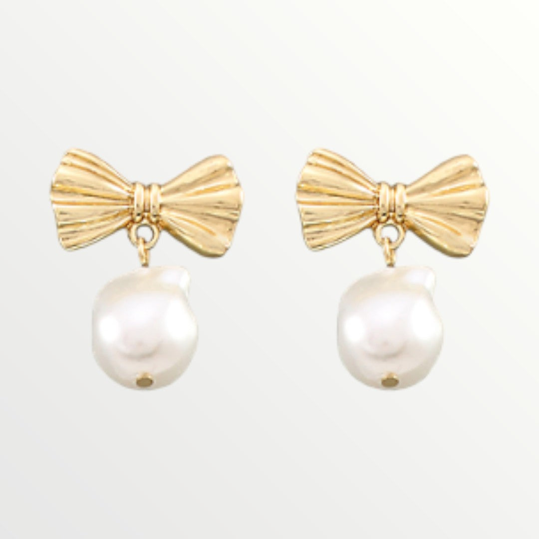 Matte Gold Bow Pearl Drop Earrings-Earrings-LouisGeorge Boutique-LouisGeorge Boutique, Women’s Fashion Boutique Located in Trussville, Alabama