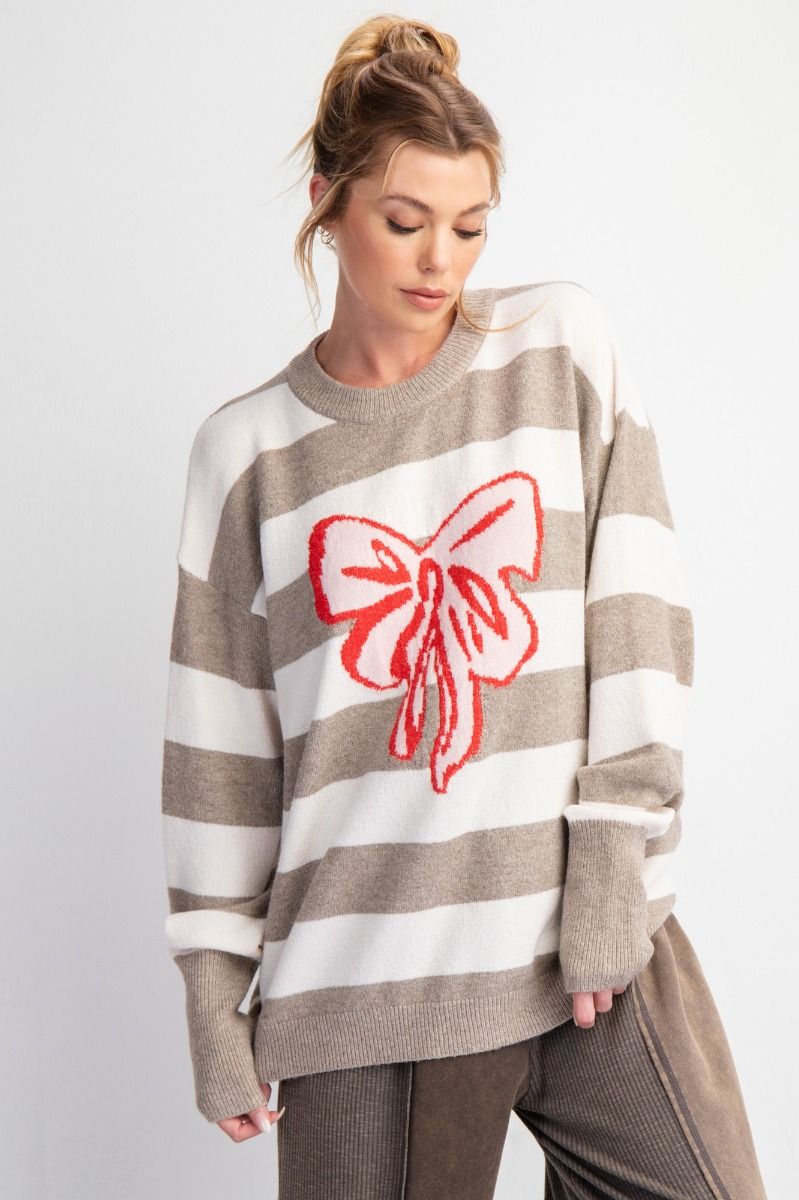 Striped Ribbon Knit Sweater by Easel - Mushroom-Apparel-Easel-LouisGeorge Boutique, Women’s Fashion Boutique Located in Trussville, Alabama