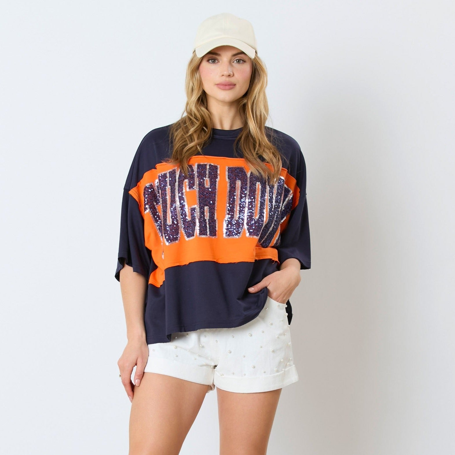 Navy & Orange Sequin Touch Down Oversized Tee-Apparel-Fantastic Fawn-LouisGeorge Boutique, Women’s Fashion Boutique Located in Trussville, Alabama