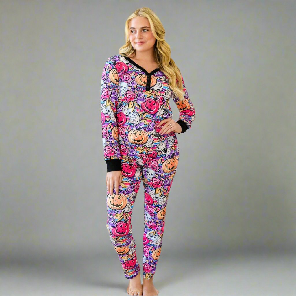 Halloween Floral Pumpkin Long-sleeve Pajama Set-Pajamas-LouisGeorge Boutique-LouisGeorge Boutique, Women’s Fashion Boutique Located in Trussville, Alabama