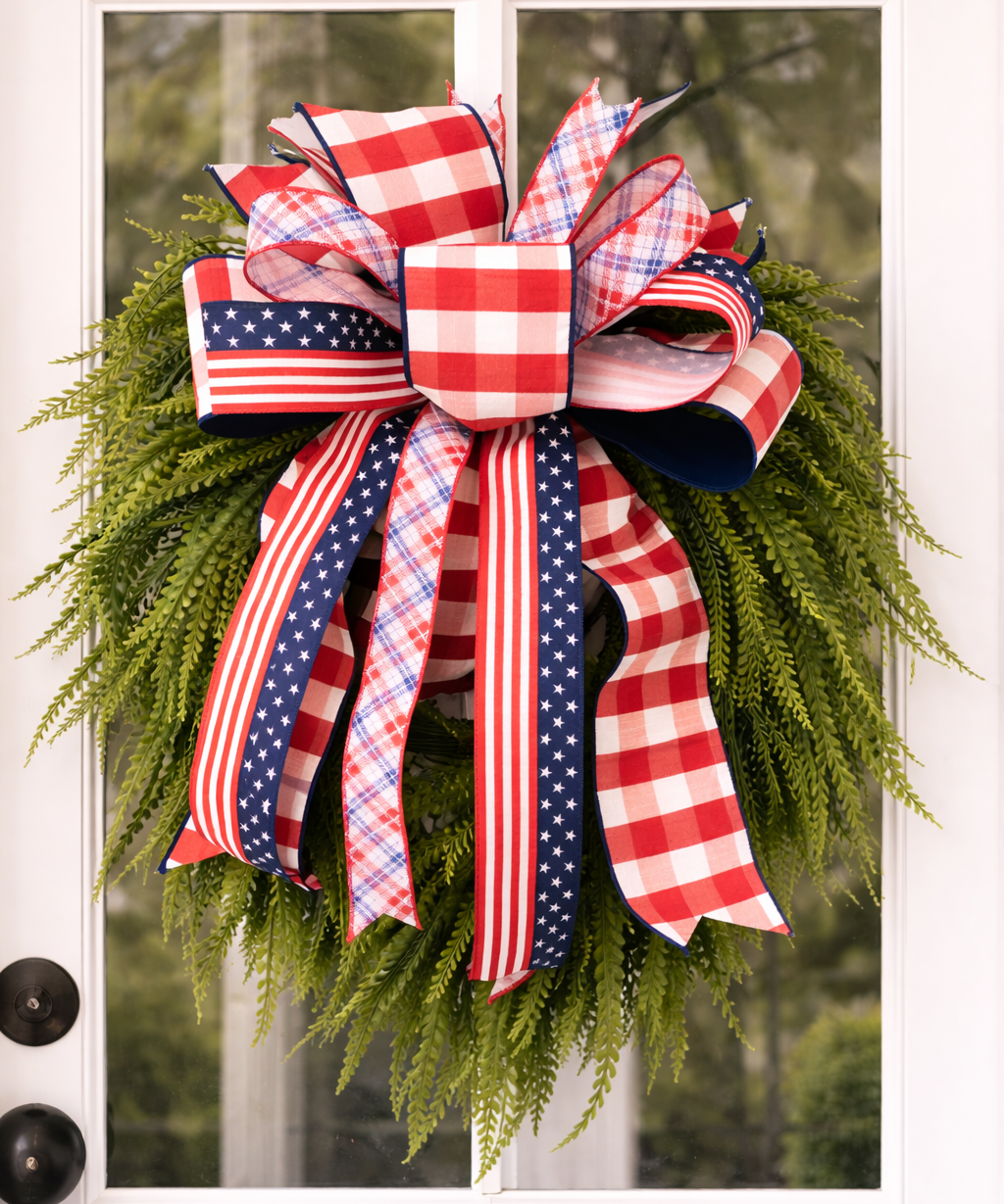 32" UV-Resistant Beaded Fern Wreath with Luxe Bow - Patriotic Red, White & Blue • FREE SHIPPING-Home Decor-LouisGeorge Boutique-LouisGeorge Boutique, Women’s Fashion Boutique Located in Trussville, Alabama