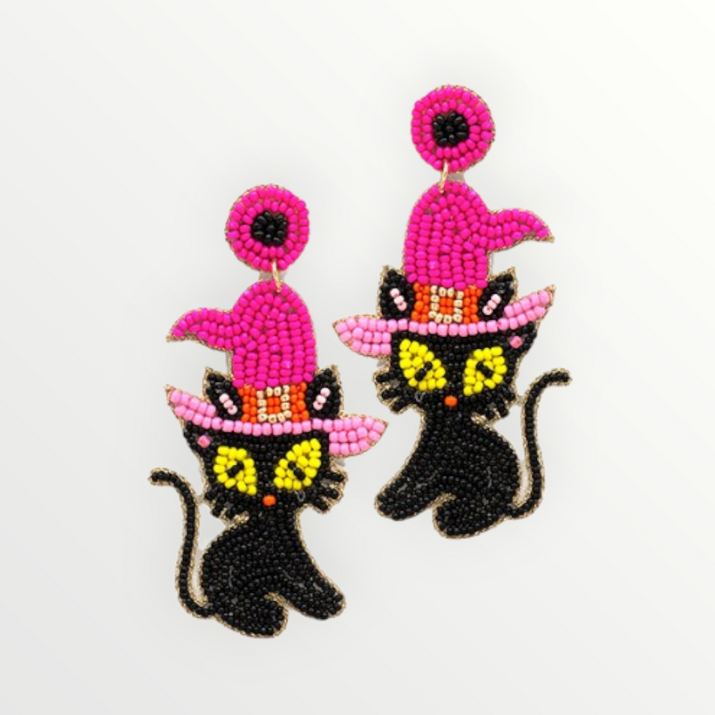 Pink Witch Black Cat Beaded Earrings-Earrings-LouisGeorge Boutique-LouisGeorge Boutique, Women’s Fashion Boutique Located in Trussville, Alabama