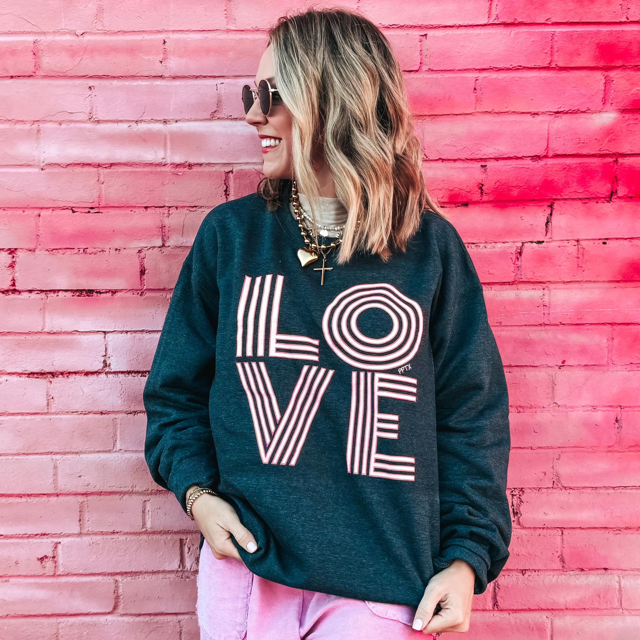 Retro LOVE Sweatshirt - Heather Charcoal - Plus/Regular-Graphic Tee-LouisGeorge Boutique-LouisGeorge Boutique, Women’s Fashion Boutique Located in Trussville, Alabama